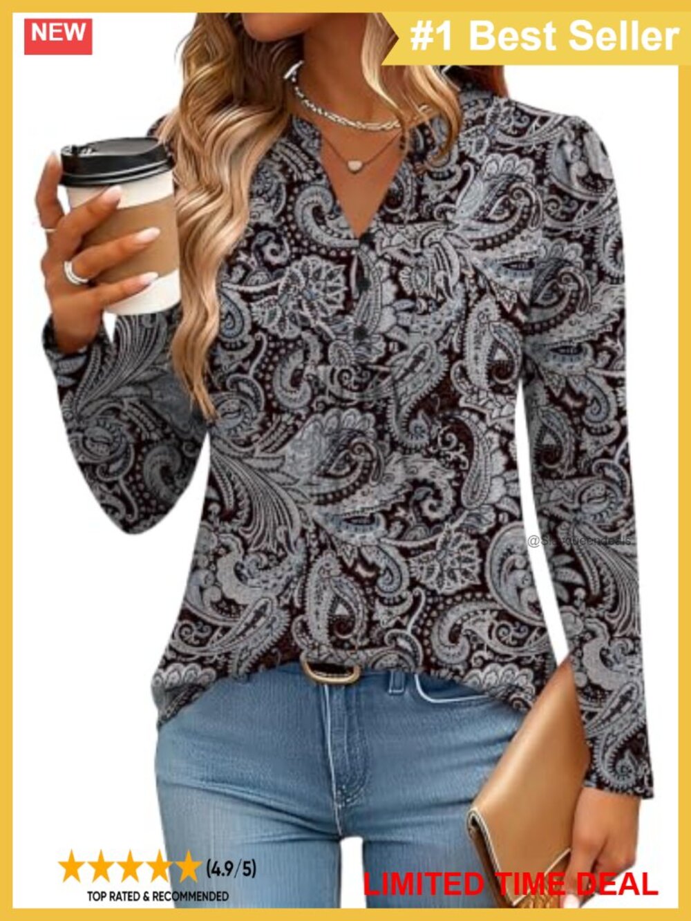 Pleated Henley V-Neck Long Sleeve Blouse Curved Hem Loose Fit Work Top